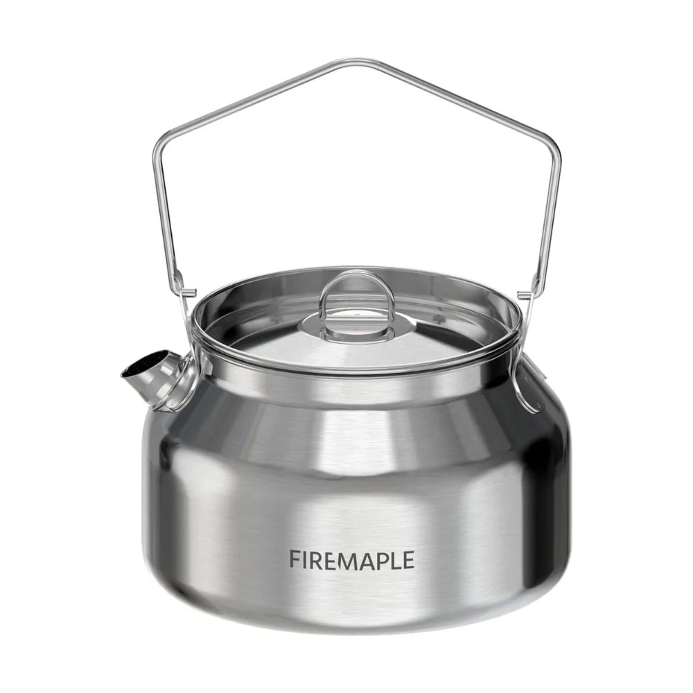 Stainless steel camping kettle with a 1.2-liter capacity, featuring a sleek cylindrical design suitable for outdoor use.