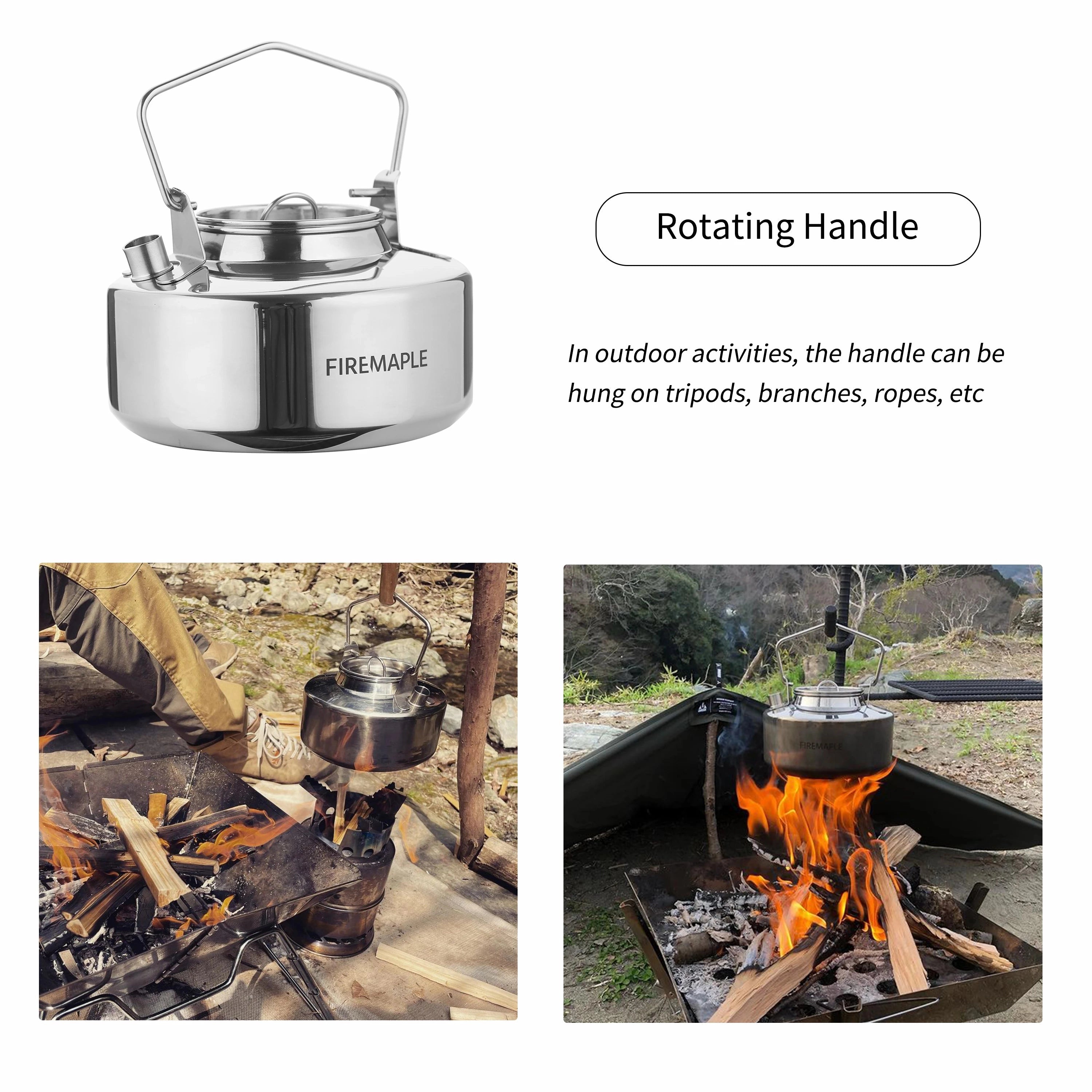 Stainless steel camping kettle with a 1-liter capacity, designed for durability, suitable for outdoor use, placed on an asphalt surface.