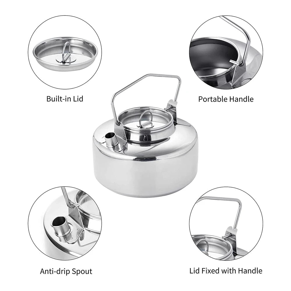 Stainless steel camping kettle with a 1-liter capacity, featuring a sleek silver finish and a sturdy handle for outdoor use.