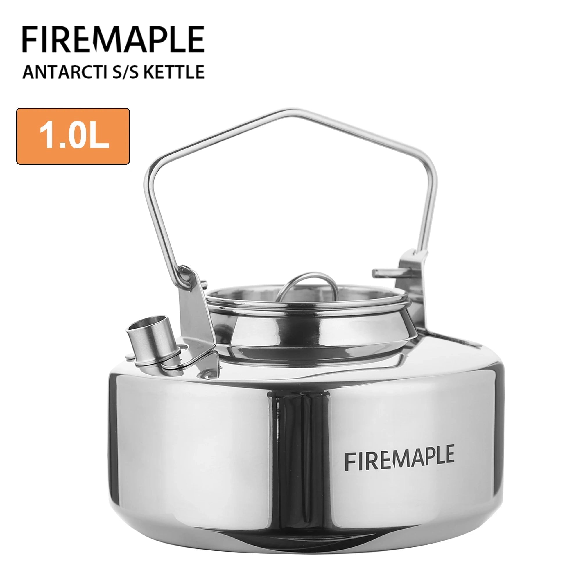 Stainless steel camping kettle with 1-liter capacity, featuring a sturdy design suitable for outdoor use, ideal for boiling water or making tea while camping or hiking.