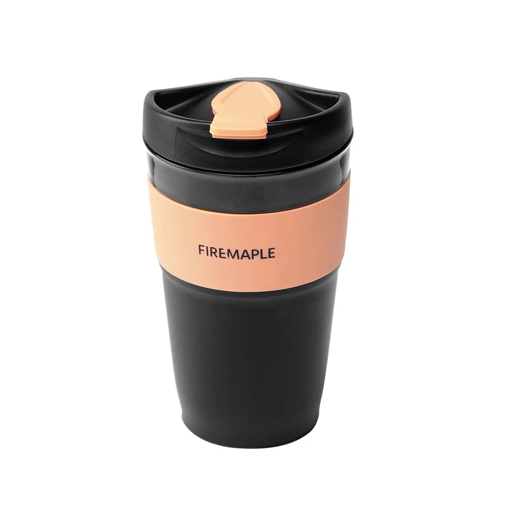 
An orange FireMaple collapsible silicone travel cup with a 350ml capacity, featuring a leakproof and lightweight design, shown in a collapsed state.