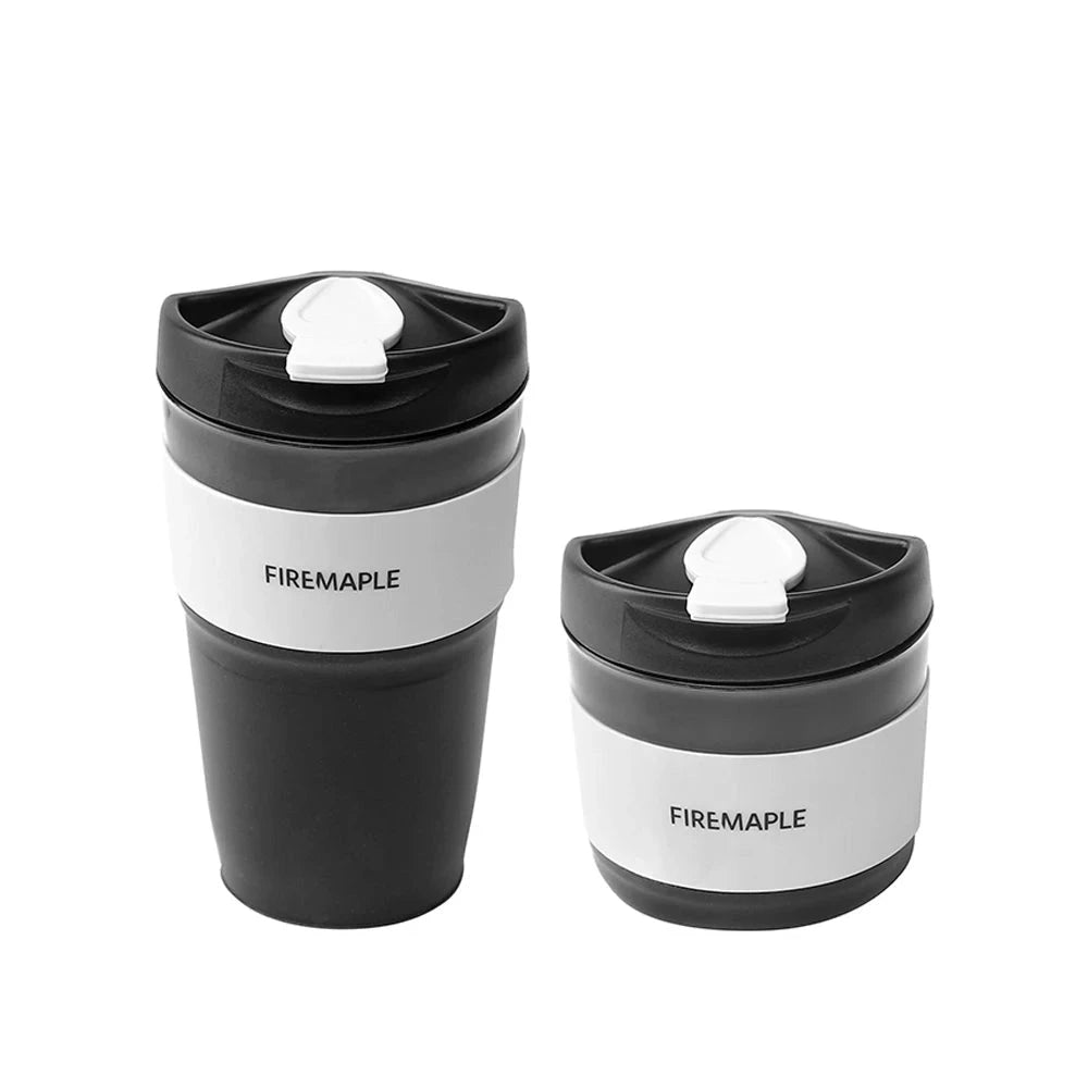 A collapsible silicone travel cup from FireMaple with a 350ml capacity, featuring a lightweight and leakproof design. The cup is shown in its collapsed form, resembling a compact cylinder, ideal for convenient travel use.