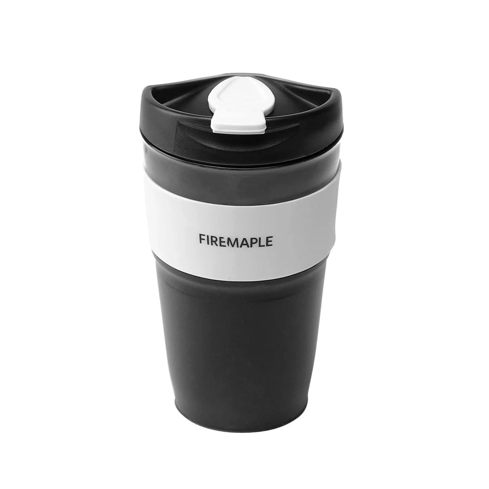 Collapsible gray silicone travel cup by FireMaple, 350ml capacity, designed to be leakproof and lightweight.