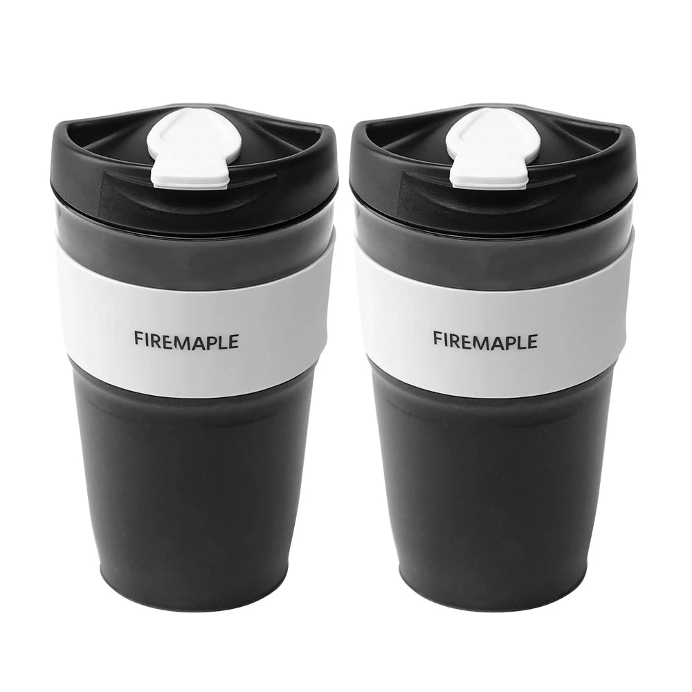 Collapsible silicone travel cup in gray, featuring a leakproof and lightweight design with a 350ml capacity, shown in a set of two.