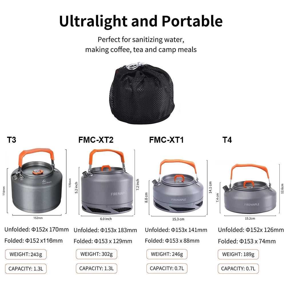 A lightweight camping kettle with a heat exchange system designed for efficient boiling, featuring a compact and durable design suitable for outdoor use.