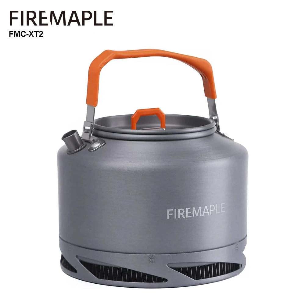 Lightweight camping kettle with heat exchange design by FireMaple, featuring a durable metal construction ideal for outdoor use.