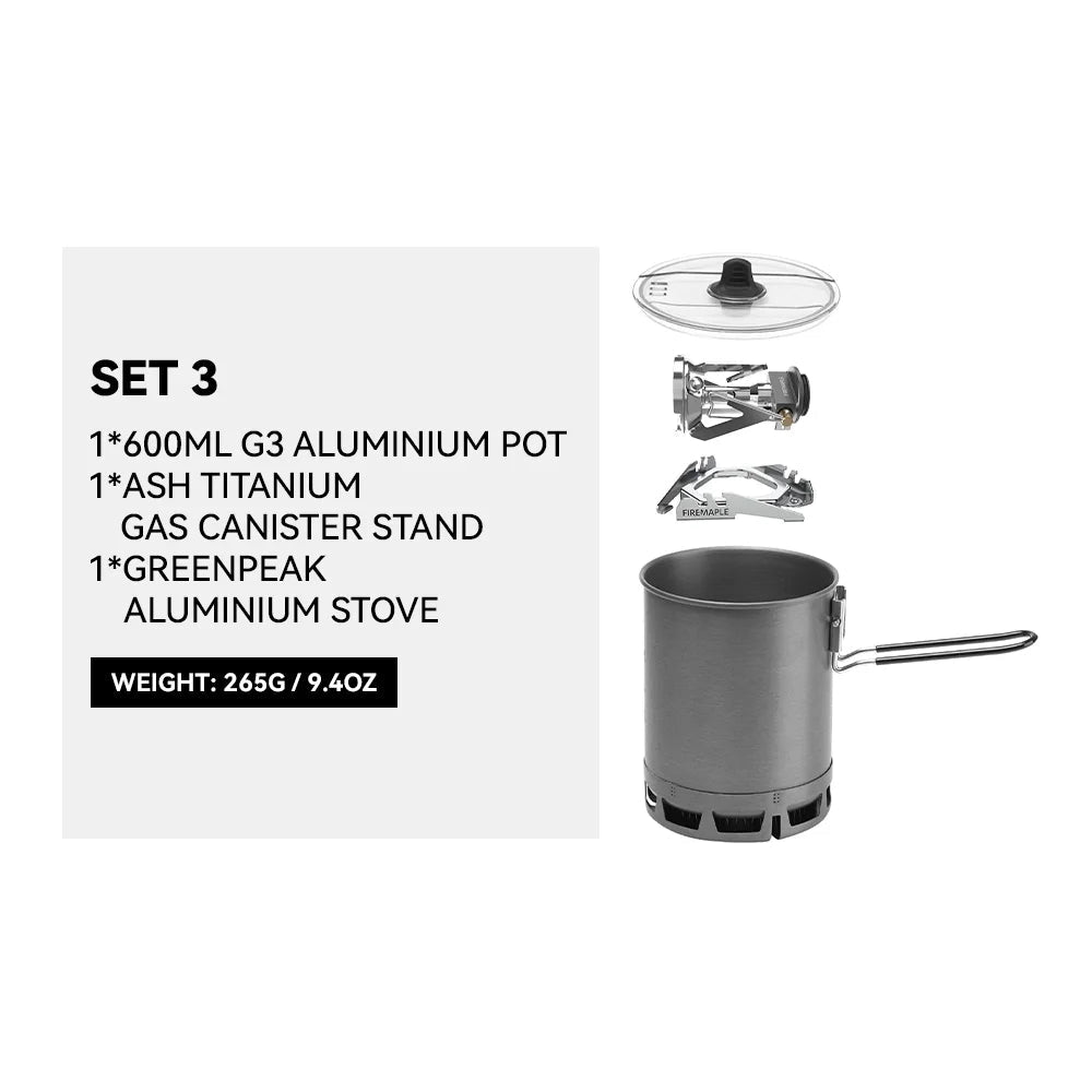 Ultralight and compact FireMaple G3 Petrel backpacking stove with a cylindrical design, featuring a small saucepan set, ideal for outdoor cooking and portable enough for travel in the Russian Federation.