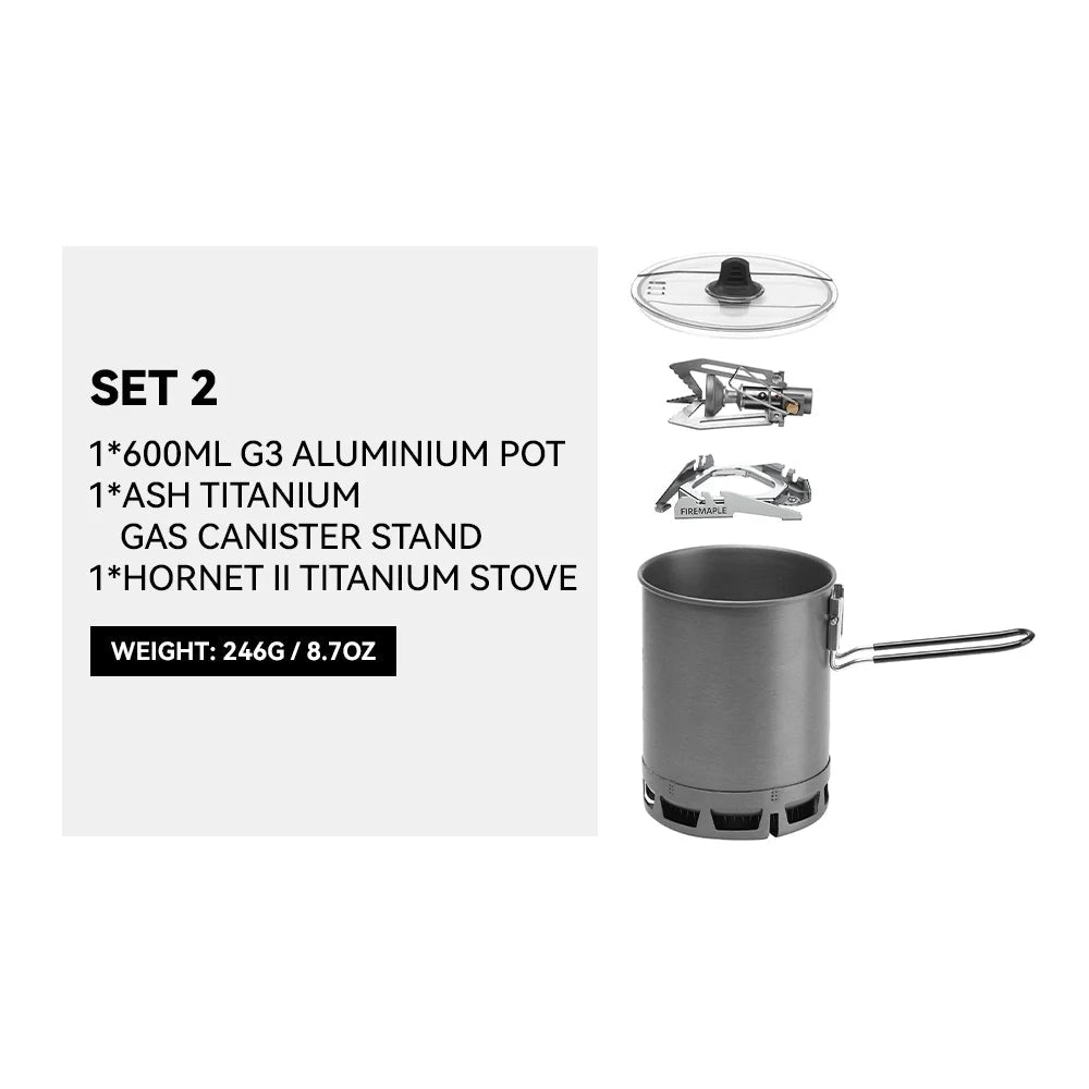 Compact FireMaple G3 Petrel Ultralight Backpacking Stove with a cylindrical design, featuring a gas burner suitable for outdoor cooking, shown as part of the G3 Petrel Set 2.