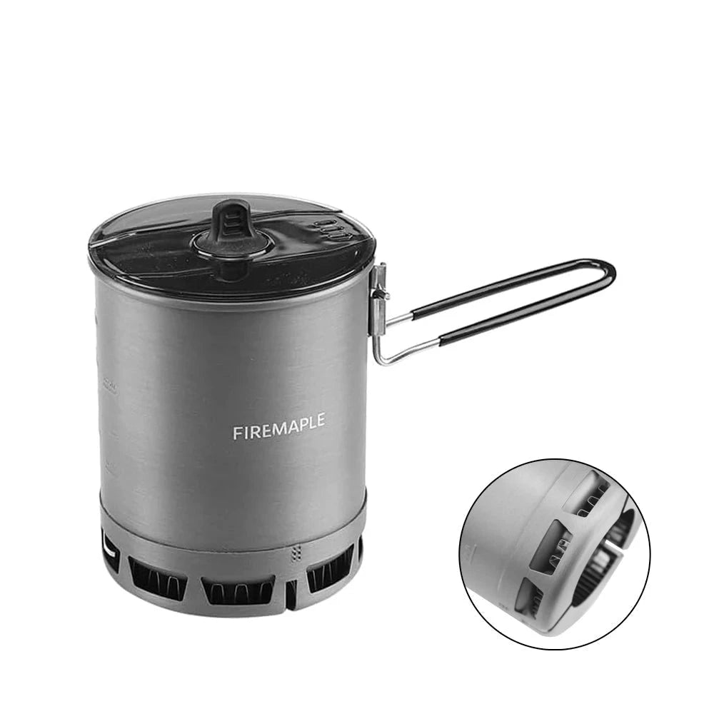 Ultralight camping pot with heat exchanger on a flat surface, featuring a compact design and metallic finish, ideal for outdoor cooking and fuel efficiency.