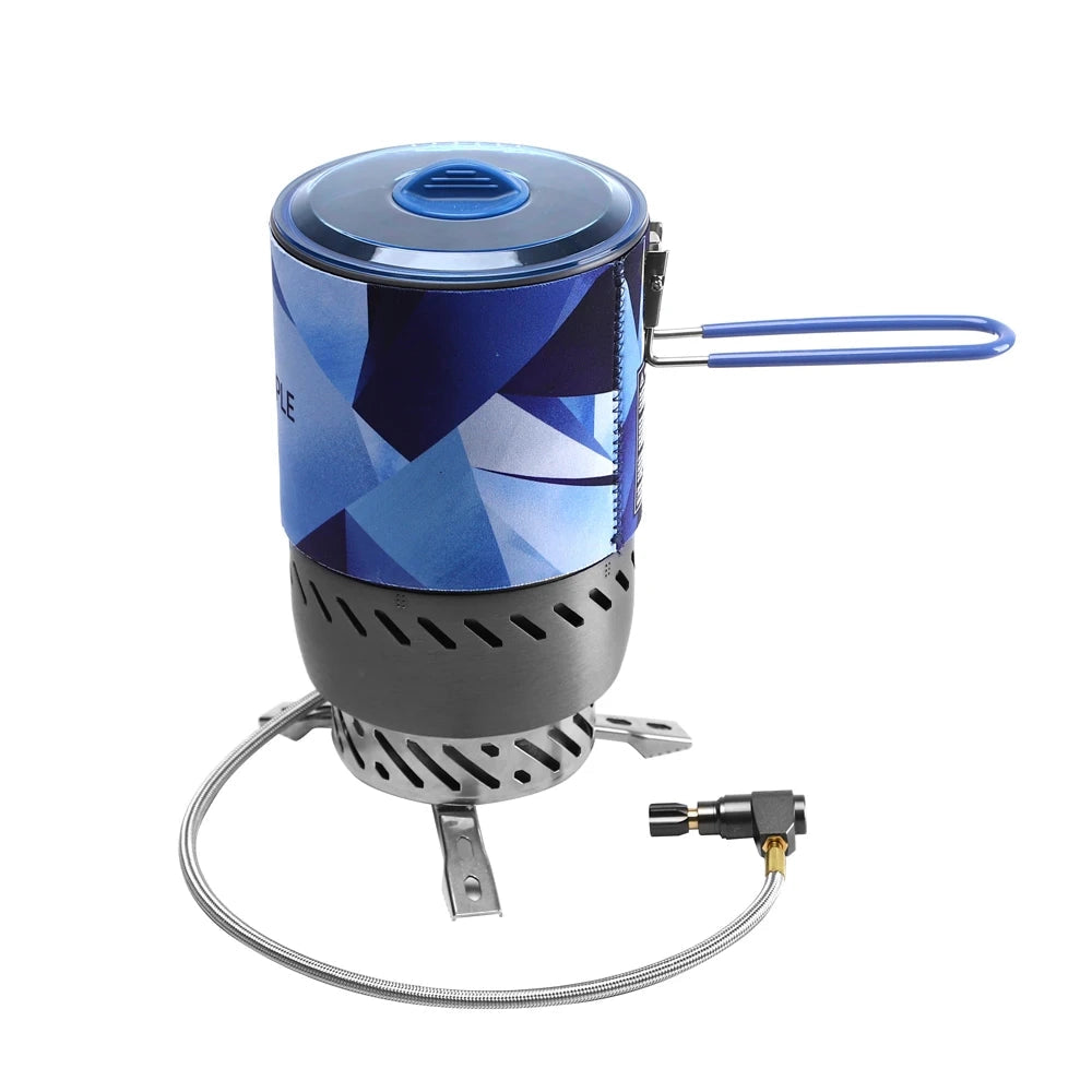 Compact blue FireMaple Mars Radiant Stove featuring a windproof design, constructed with durable aluminum, ideal for camping and outdoor cooking with gas cylinders.