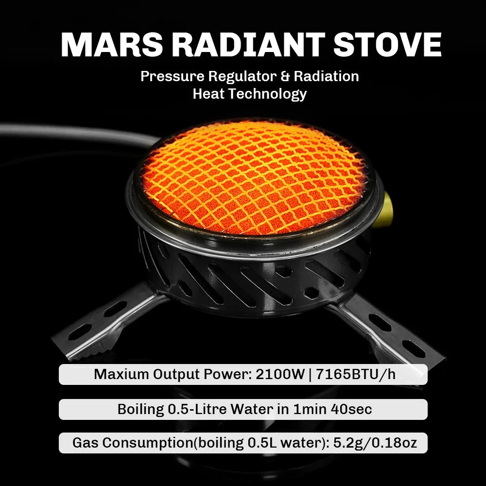 Compact FireMaple Mars Radiant Stove featuring a windproof camping gas burner with a sturdy and portable design, suitable for outdoor cooking on camping trips.