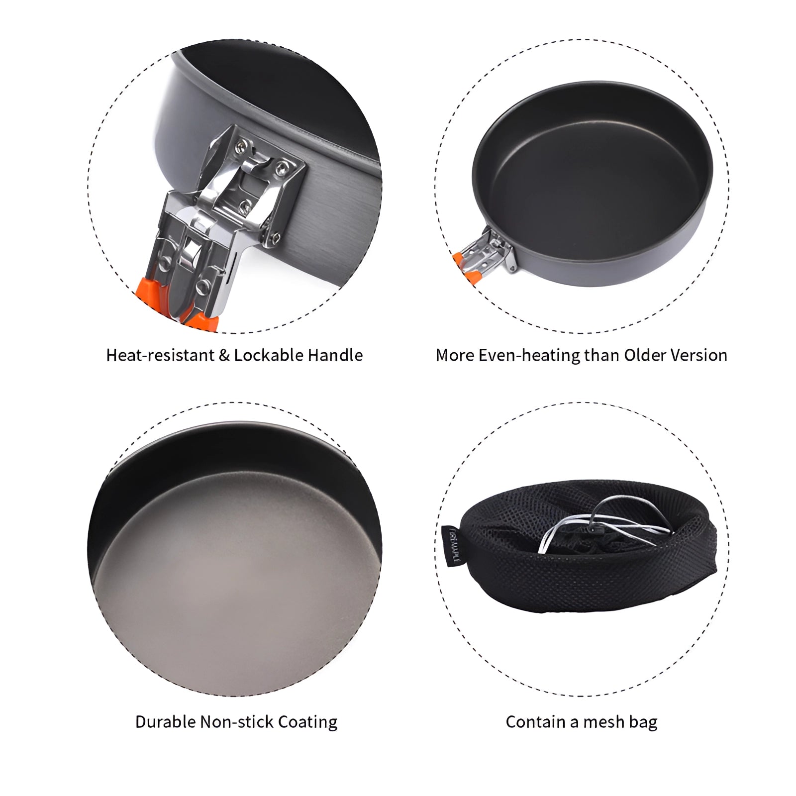 A non-stick camping frypan with a lightweight, foldable design, suitable for outdoor cooking.