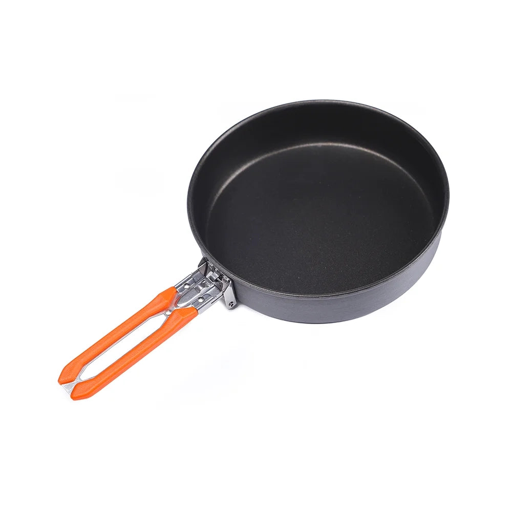 Non-stick camping frying pan featuring a lightweight and foldable design, suitable for outdoor cooking.