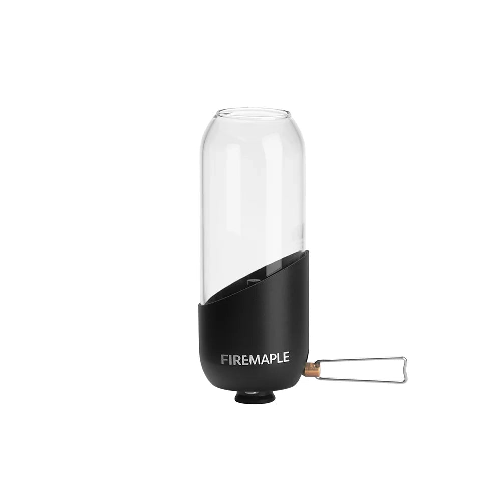 Compact portable camping lantern with a sleek black cylindrical design, featuring metal and titanium elements, suitable for outdoor activities.