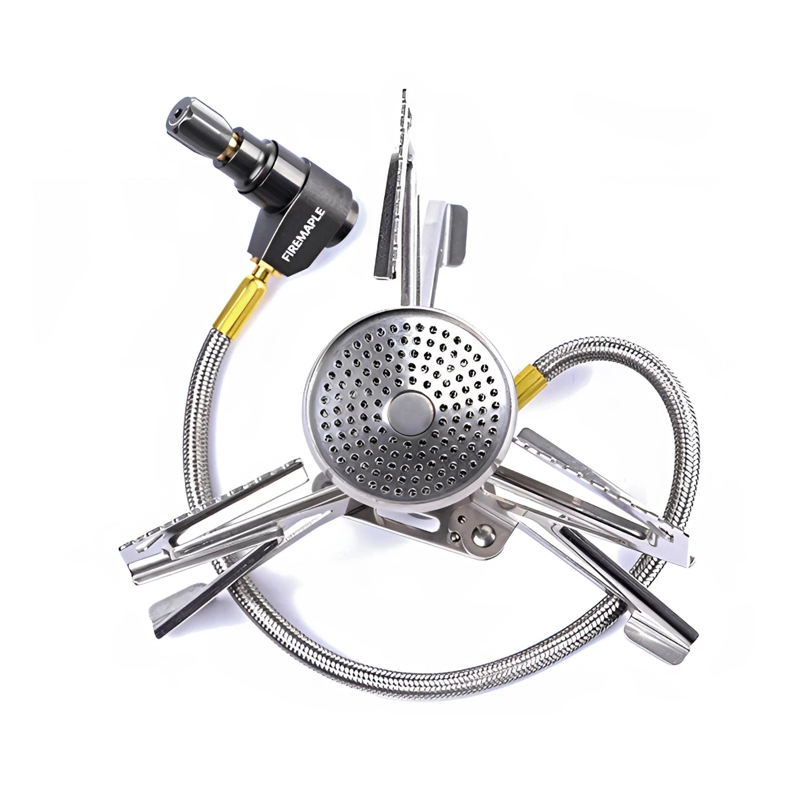 Firemaple Polaris Remote Gas Stove in Silver, a high-efficiency camping burner featuring a compact, circular design with metal components, suitable for outdoor cooking in the Russian Federation.