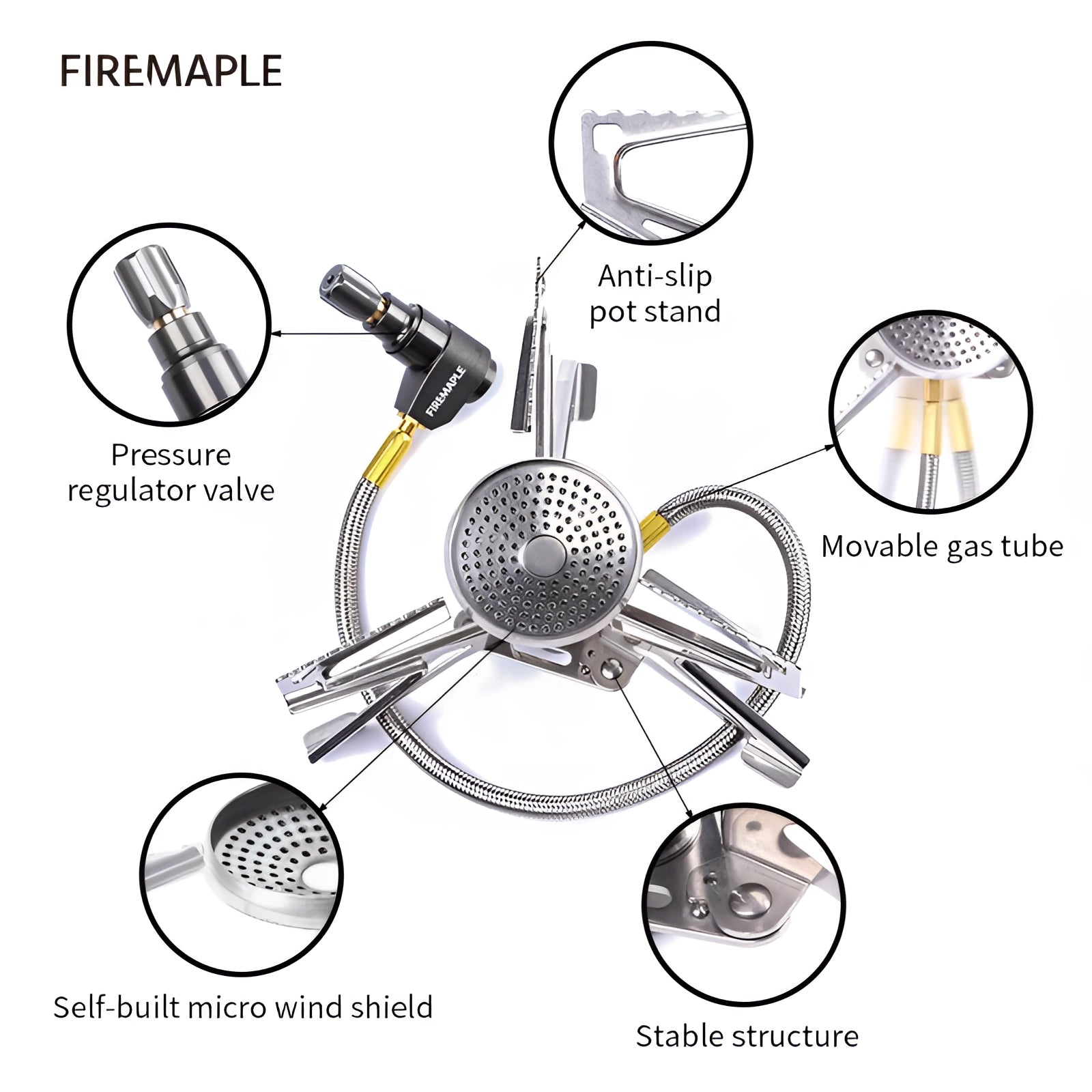 High-efficiency Firemaple Polaris remote gas stove with a compact, circular design, suitable for camping and outdoor use. The stove features precise controls and durable materials for reliable performance.