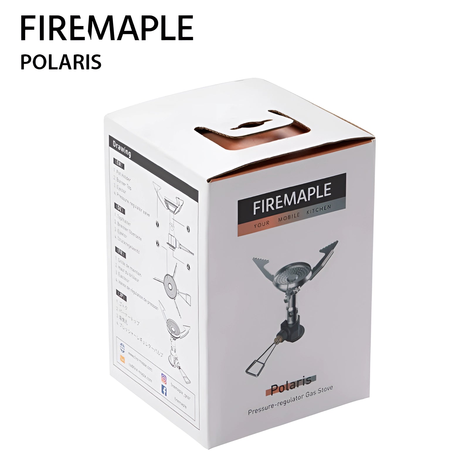 Silver FireMaple Polaris Ultralight Camping Stove, shown in packaging with branding and logo, highlighting its windproof and portable design for outdoor adventures.