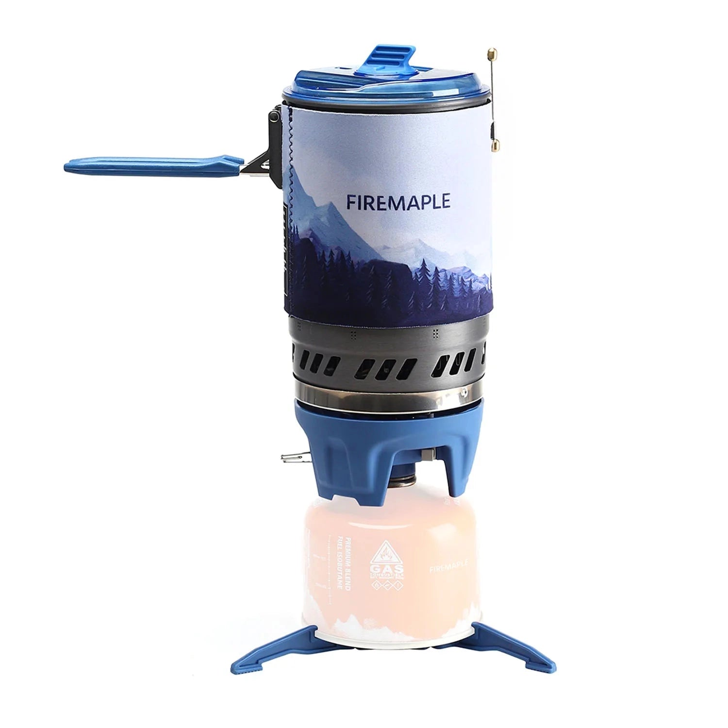 Portable FireMaple Polaris X5 backpacking stove in blue, featuring a fuel-efficient design suitable for outdoor cooking with a gas cylinder.