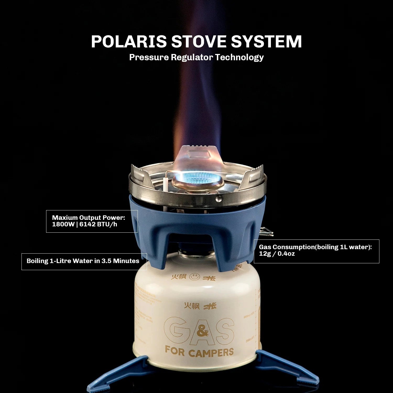 Portable fuel-efficient backpacking stove with a compact design and electric blue accents, ideal for outdoor cooking while camping or hiking.