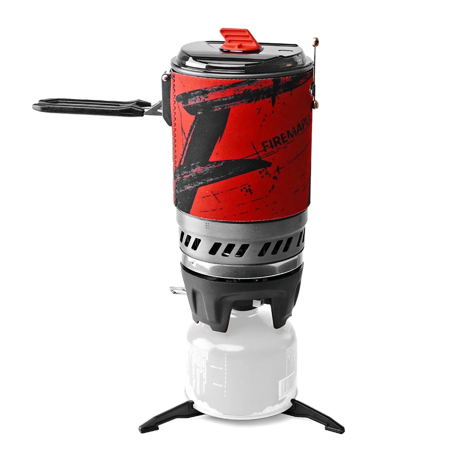 Portable fuel-efficient backpacking stove with a compact, cylindrical design, shown in red.