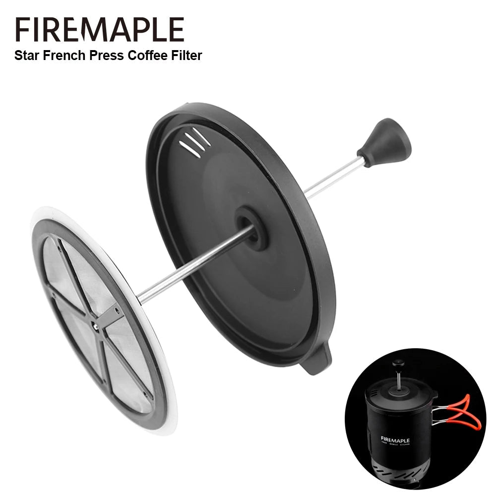 Portable FireMaple Star French Press Coffee Filter for camping with a sleek, cylindrical design and durable construction, ideal for outdoor coffee brewing.