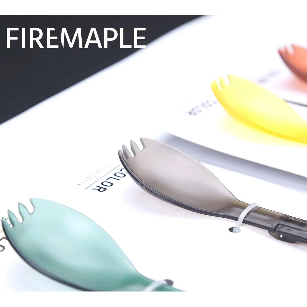 Lightweight and durable FireMaple Tritan spork, designed for camping, featuring a sleek, BPA-free construction combining spoon and fork functionalities.