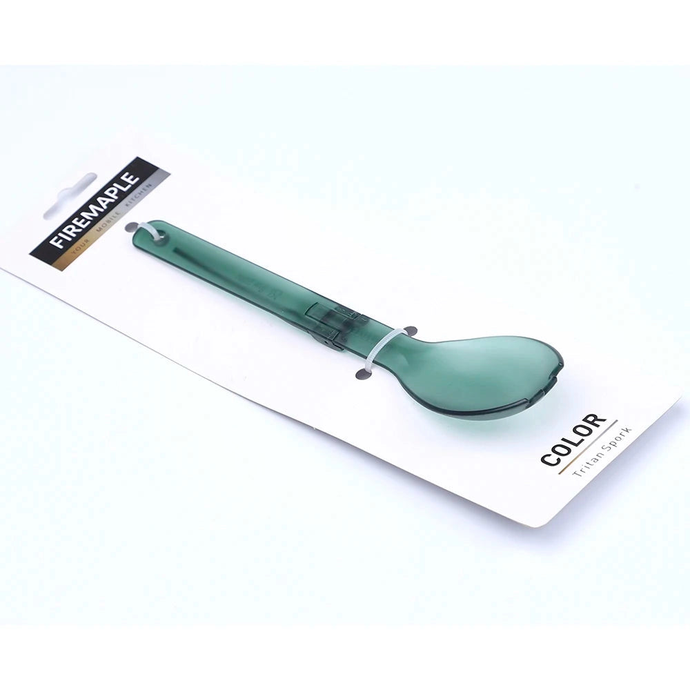 Lightweight and durable green Tritan spork designed for camping, featuring a sleek and ergonomic shape made from BPA-free material.