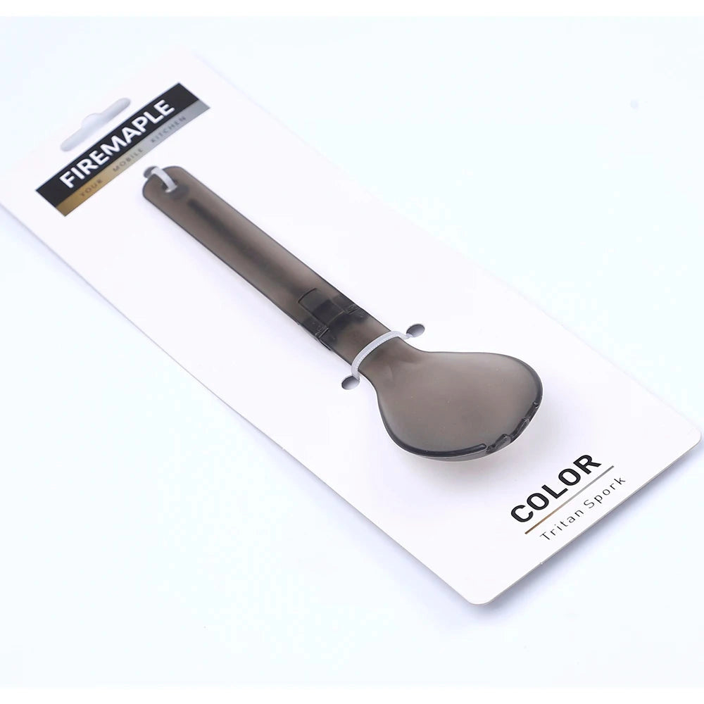 Gray FireMaple Tritan Spork made from lightweight, durable, BPA-free material, designed for camping and outdoor use.