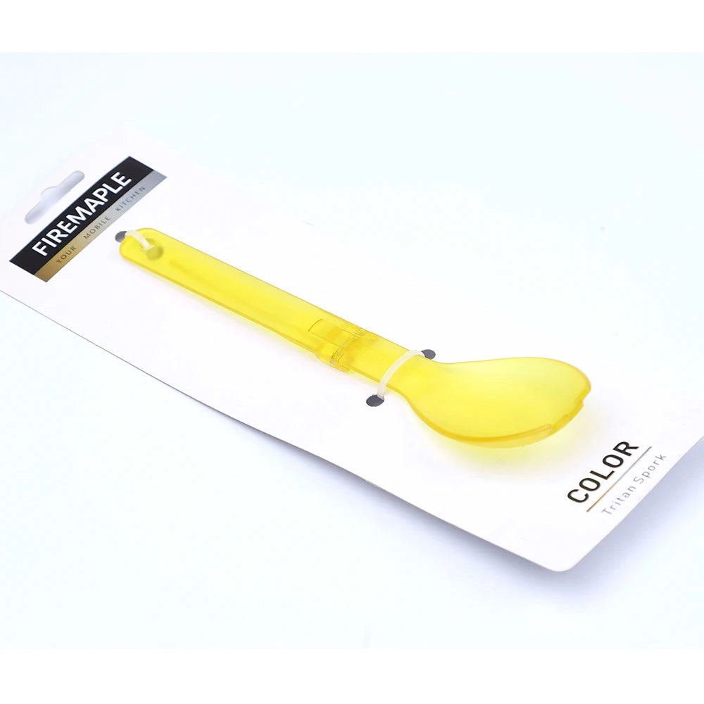 Yellow FireMaple Tritan Spork, a lightweight and durable BPA-free camping tool, designed as a multi-functional kitchen utensil with a fork and spoon combination.