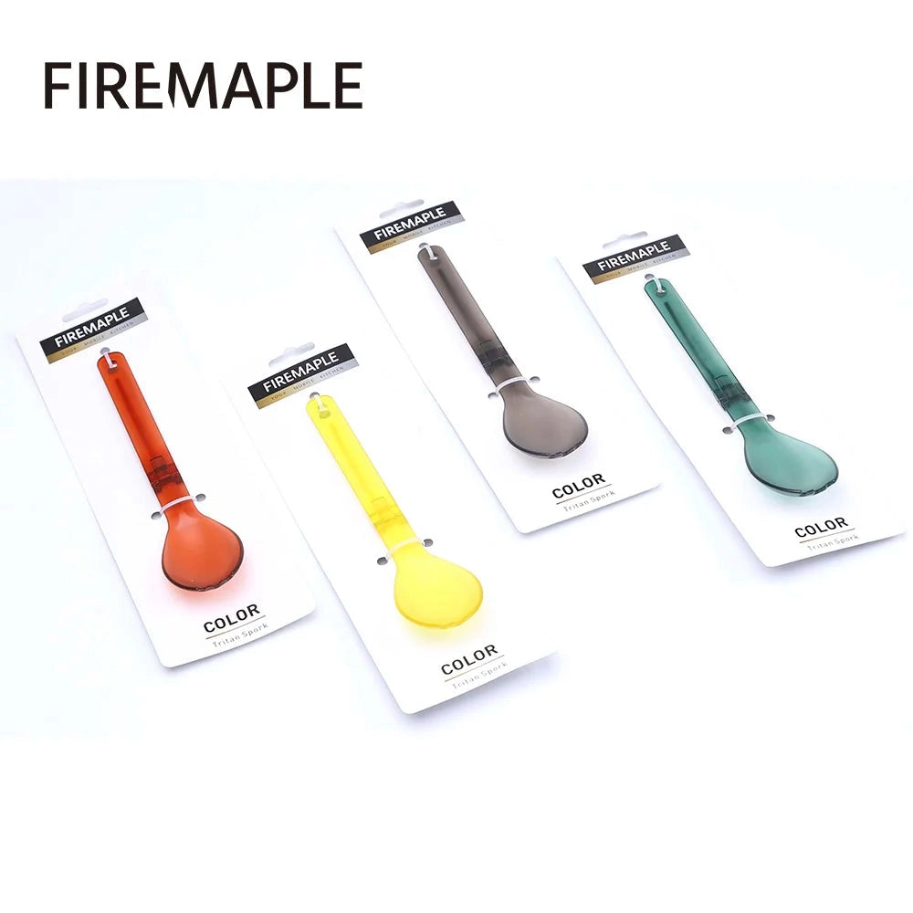 Lightweight and durable BPA-free FireMaple Tritan spork in bright electric blue color, designed for camping and outdoor use, made from high-quality plastic material.