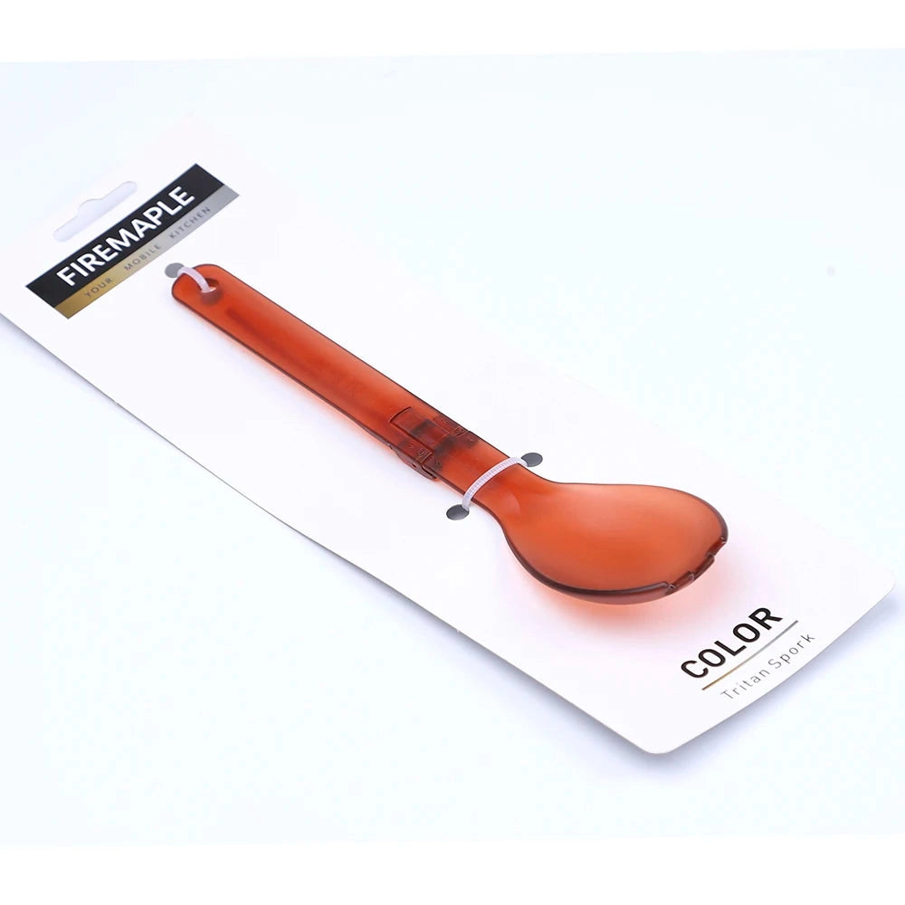 Red FireMaple Tritan spork, a lightweight and durable BPA-free camping tool with a sleek, ergonomic design.