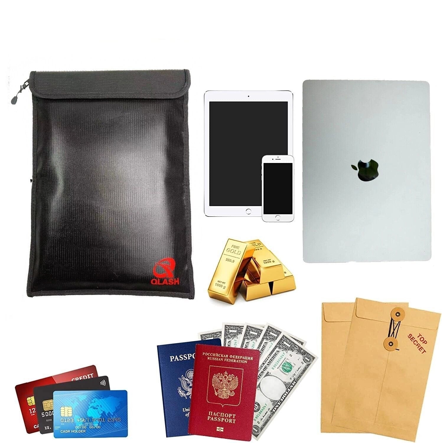 Extra large fireproof and waterproof document and money bag, 15 inches by 11 inches, with secure travel safety storage, shown in a rectangular shape with electric blue color and brand logo.