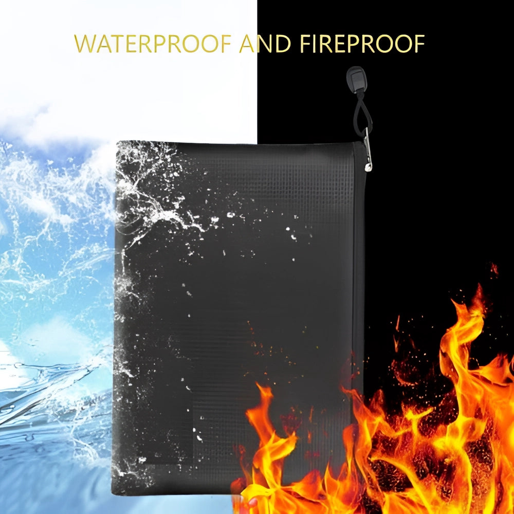 Fireproof and waterproof black document and money bag resisting flames and heat.