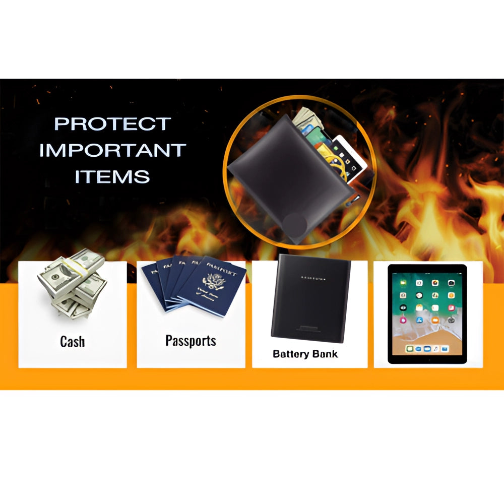 Fireproof and waterproof document and money bag for secure travel safety storage, featuring a sleek design with branding and logo.