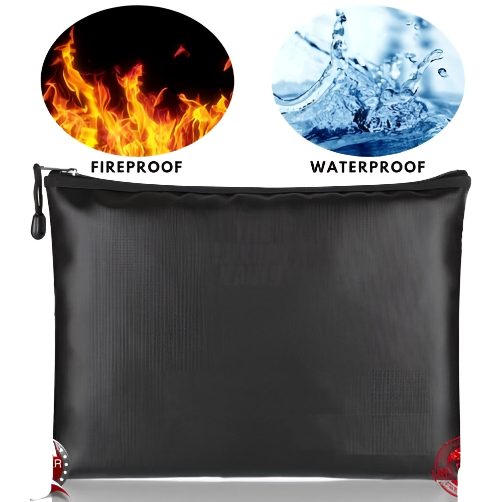 Fireproof and waterproof document and money bag for secure travel safety storage, featuring a rectangular shape with heat-resistant material and a branded logo.