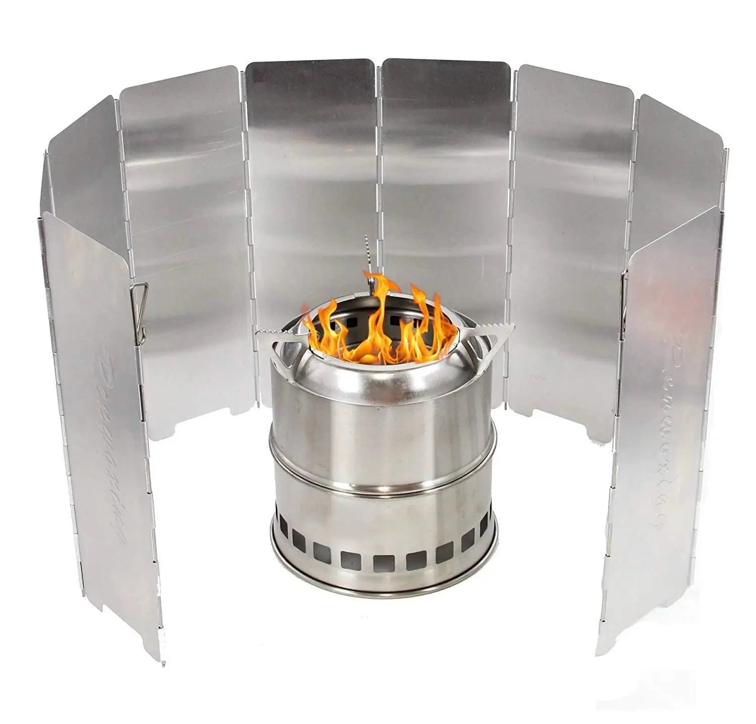 Foldable aluminum camping stove windscreen with 8 plates, designed as a lightweight outdoor wind guard for gas stoves.