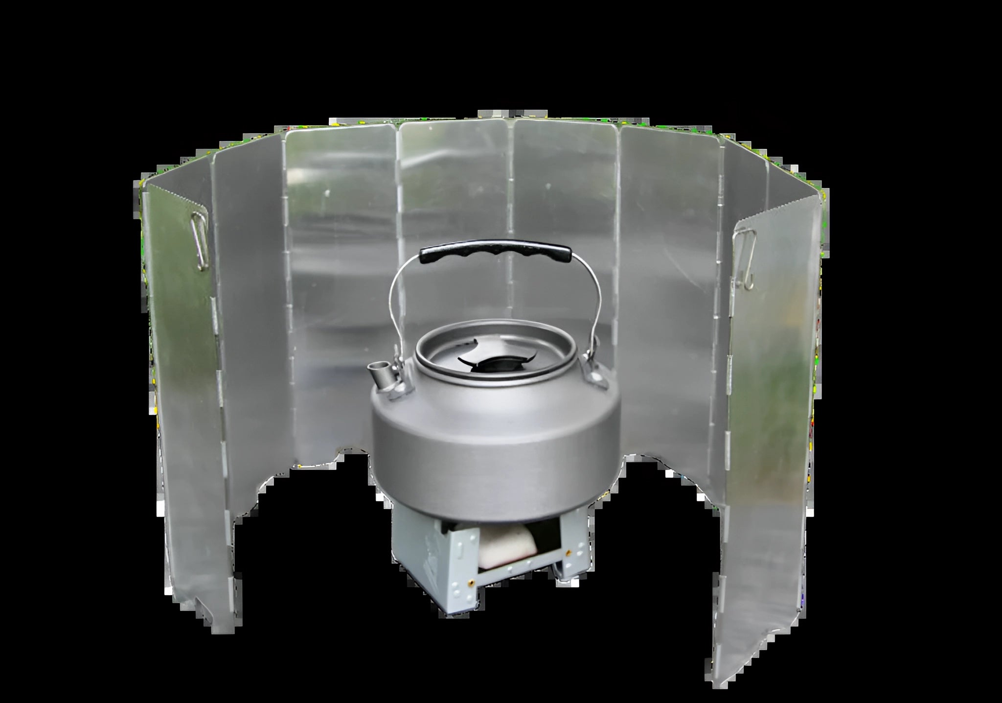 Foldable aluminum camping stove windscreen with 10 plates, lightweight outdoor wind guard displayed in a rectangular shape.