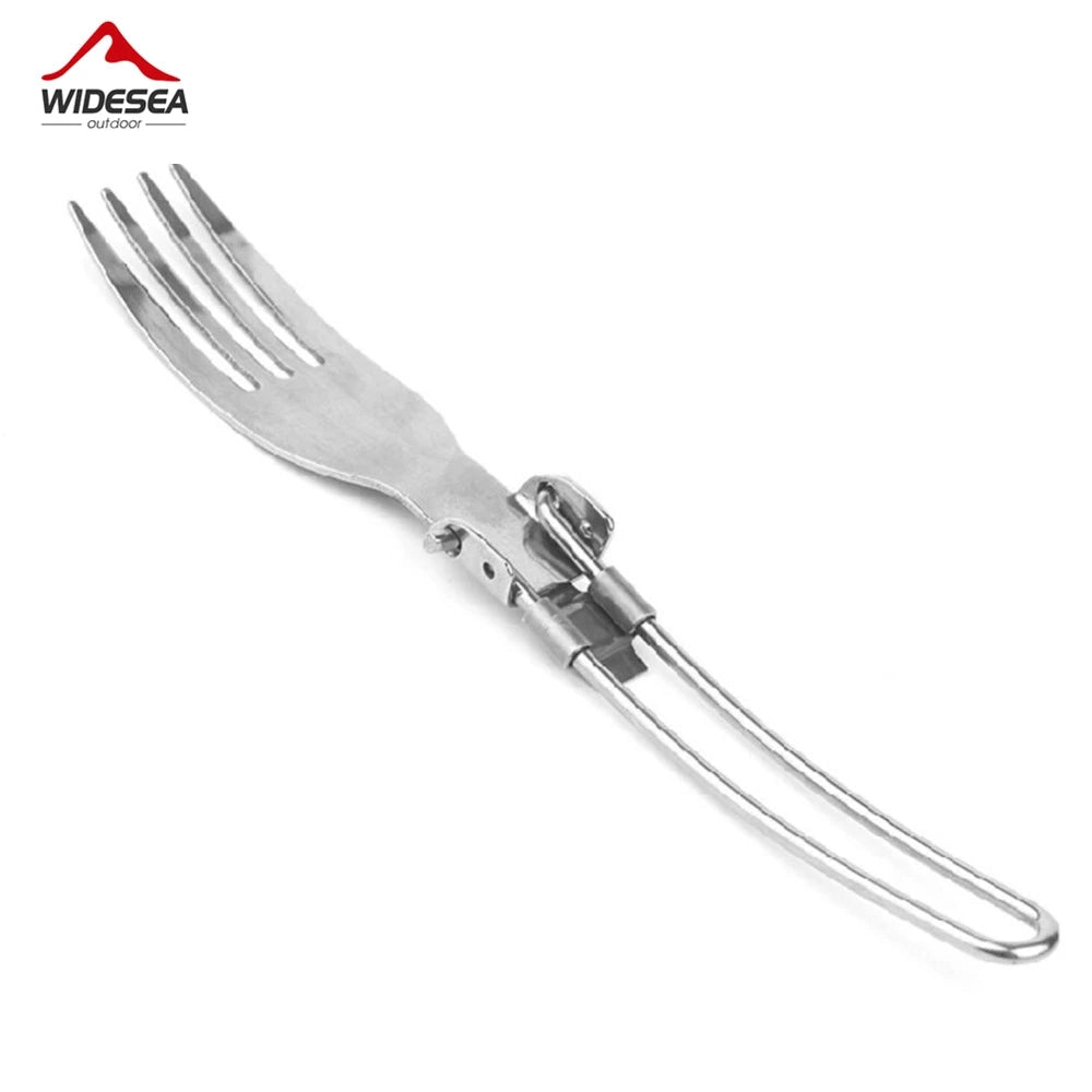 Foldable camping utensils set, featuring a compact travel cutlery set with a fork and pouch, made of titanium metal, ideal for outdoor events and travel use.