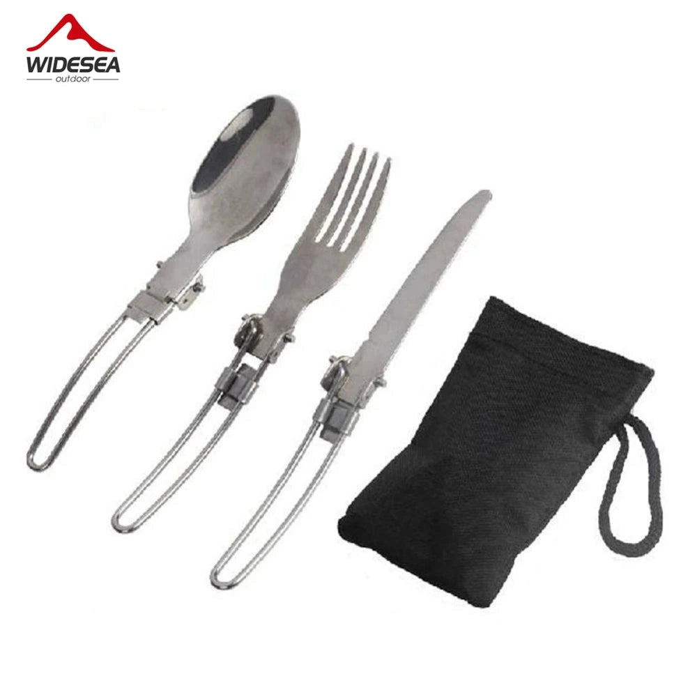 Foldable metal camping utensils set including cutlery such as a spoon, fork, and knife, designed for compact travel, shown alongside a rectangular storage pouch.