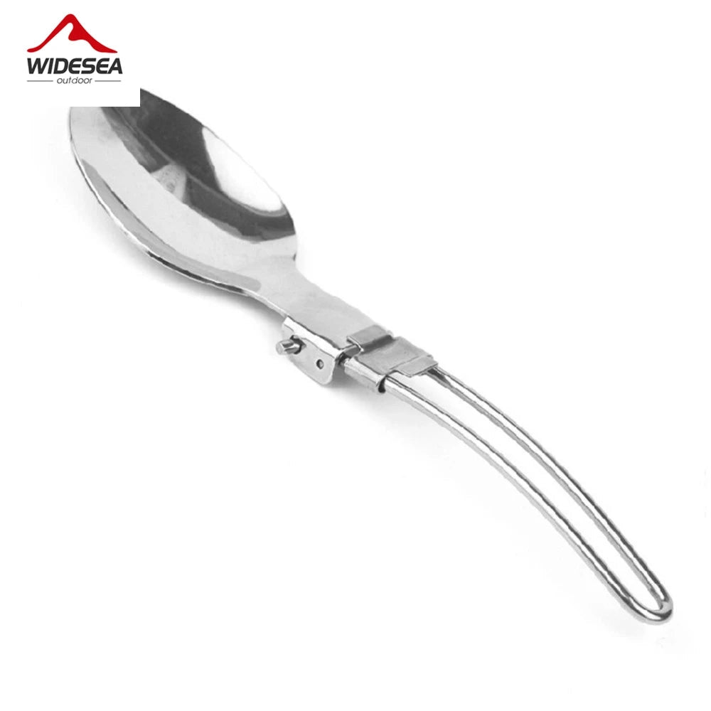 Foldable camping utensils set including a fork, knife, and spoon made of durable titanium, shown with a compact design for convenient travel, accompanied by a protective pouch for easy storage and transport.