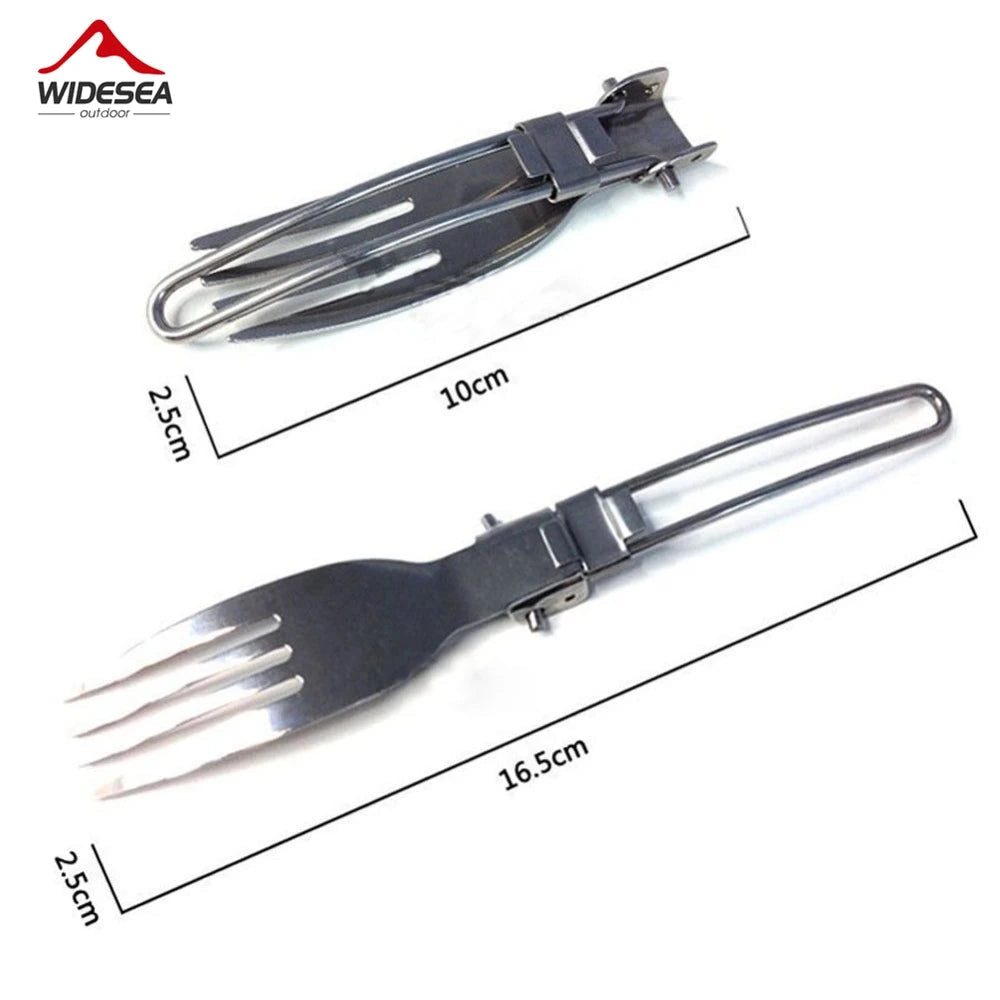 Foldable camping utensils set featuring compact metal cutlery including a fork, spoon, and knife, displayed alongside a black pouch for easy storage and portability, ideal for travel and outdoor activities.