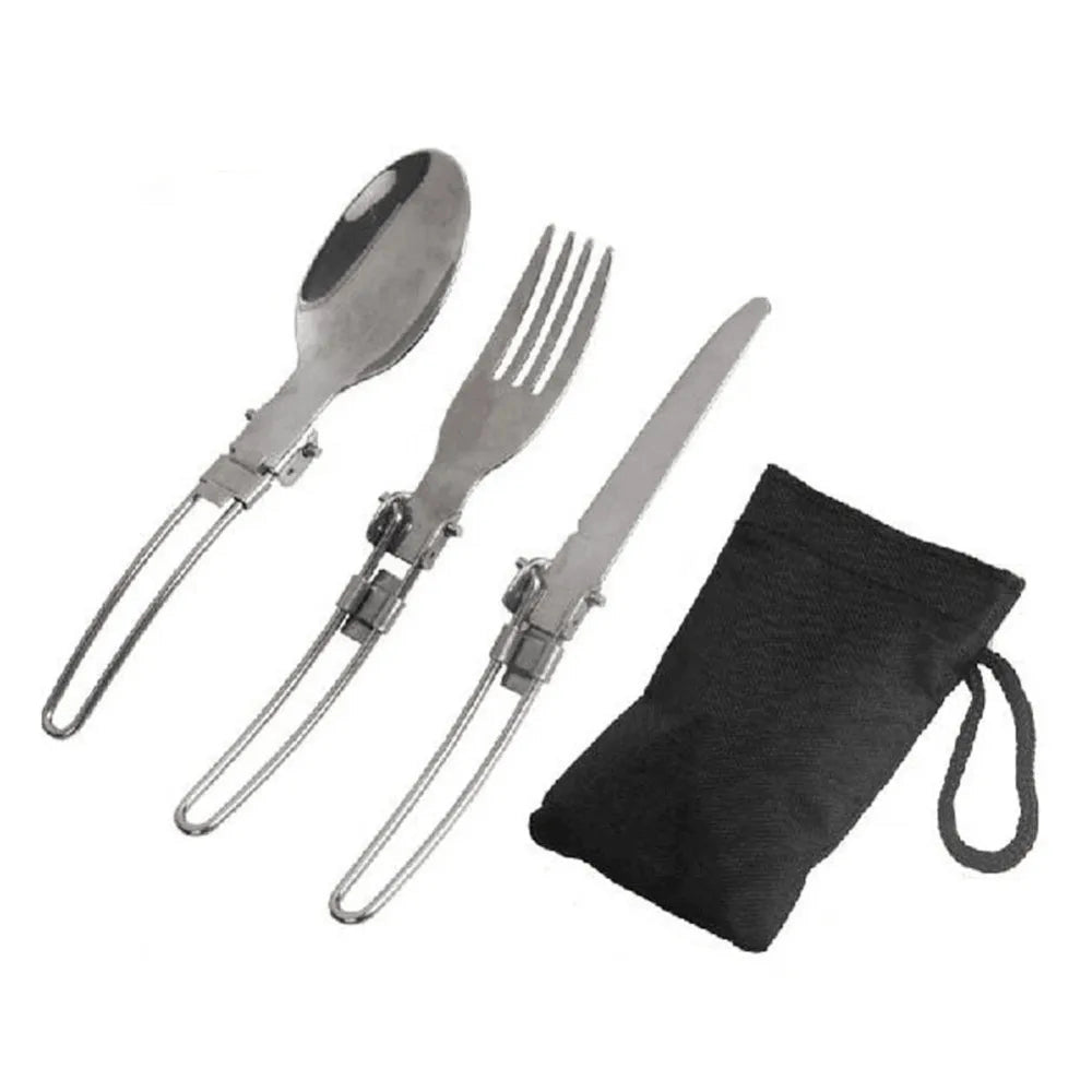 Foldable camping utensils set including metal cutlery and kitchen tools, compactly arranged with a travel pouch.