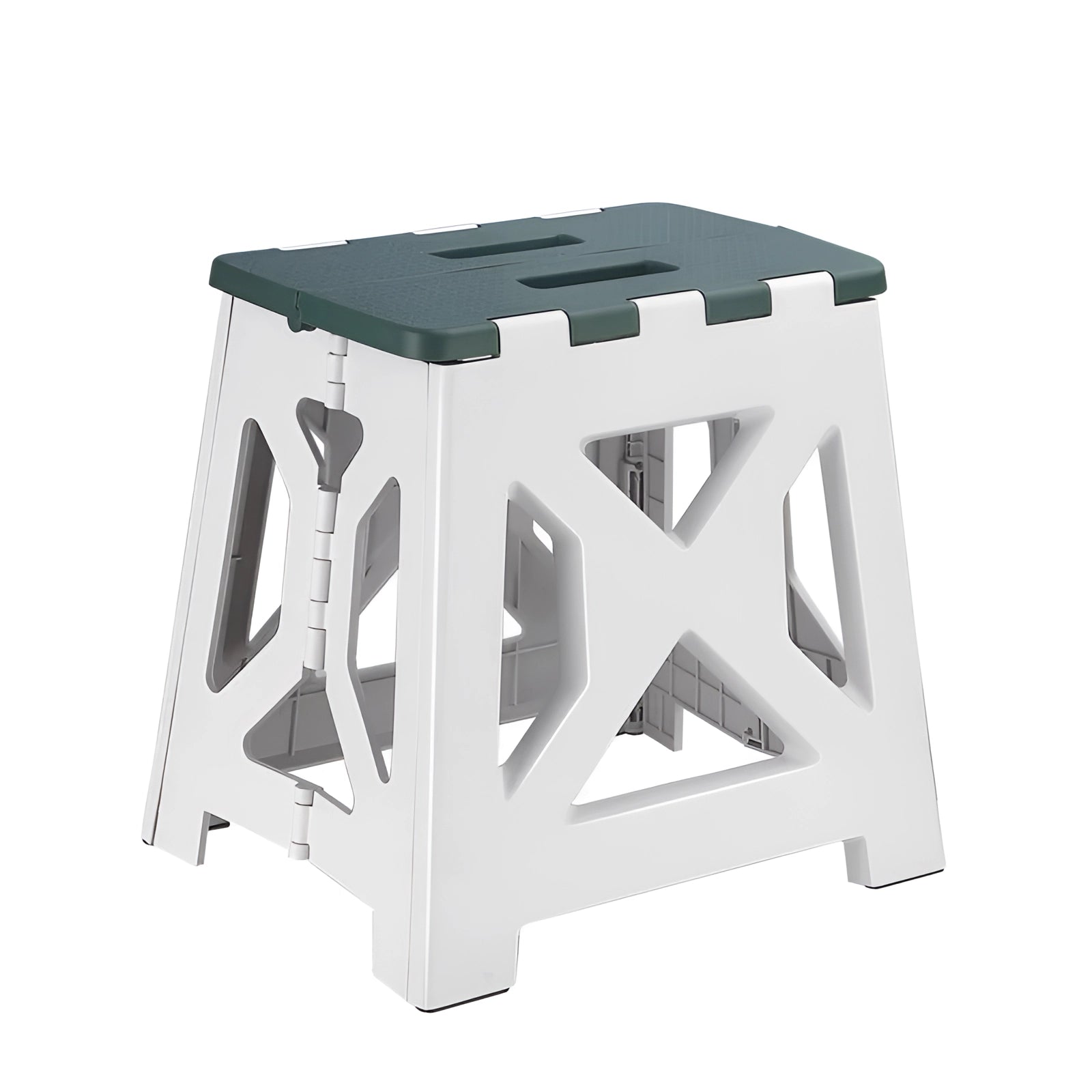 Foldable portable camping stool in a lightweight and durable design, featuring a multi-color pattern predominantly in green, suitable for outdoor use.