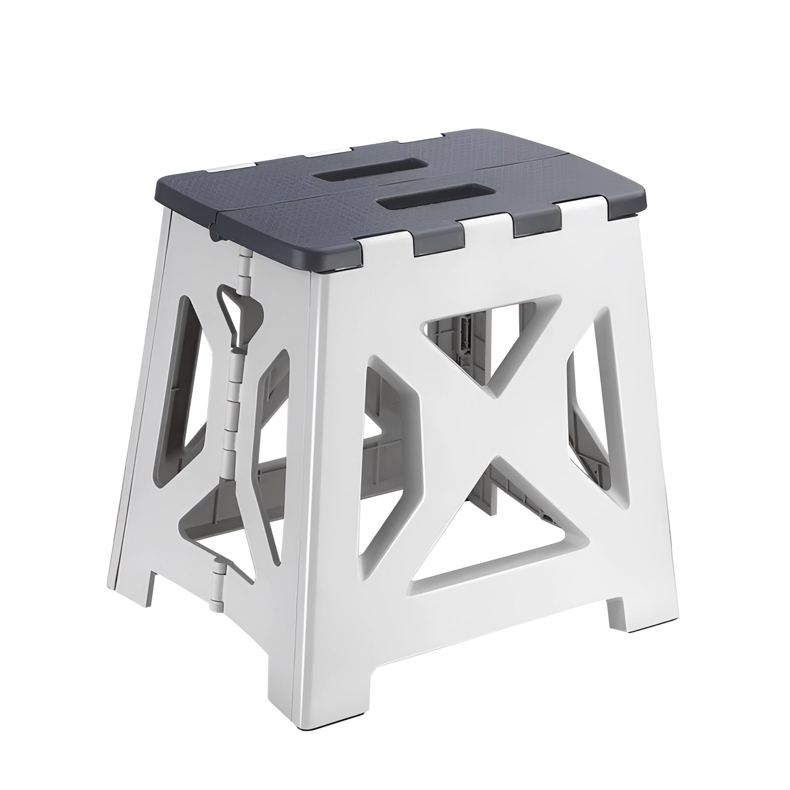 Foldable portable camping stool in light grey, featuring a durable and lightweight design, suitable for outdoor use.