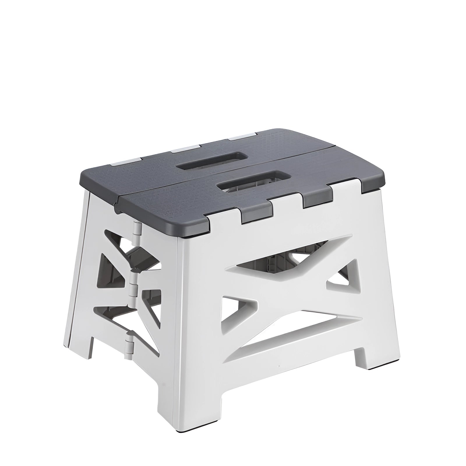 A foldable portable camping stool in grey color, designed with a lightweight and durable metal frame and a rectangular seat, suitable for outdoor use in the United States.