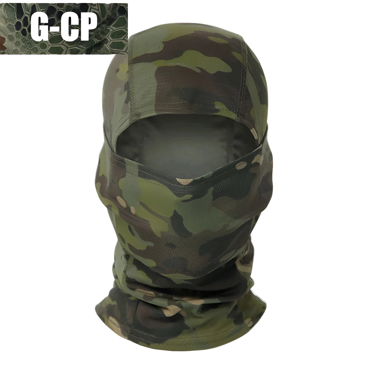 Full-face tactical camouflage balaclava, breathable and windproof, shown in military camouflage pattern, designed for thermal protection and outdoor sports activities.