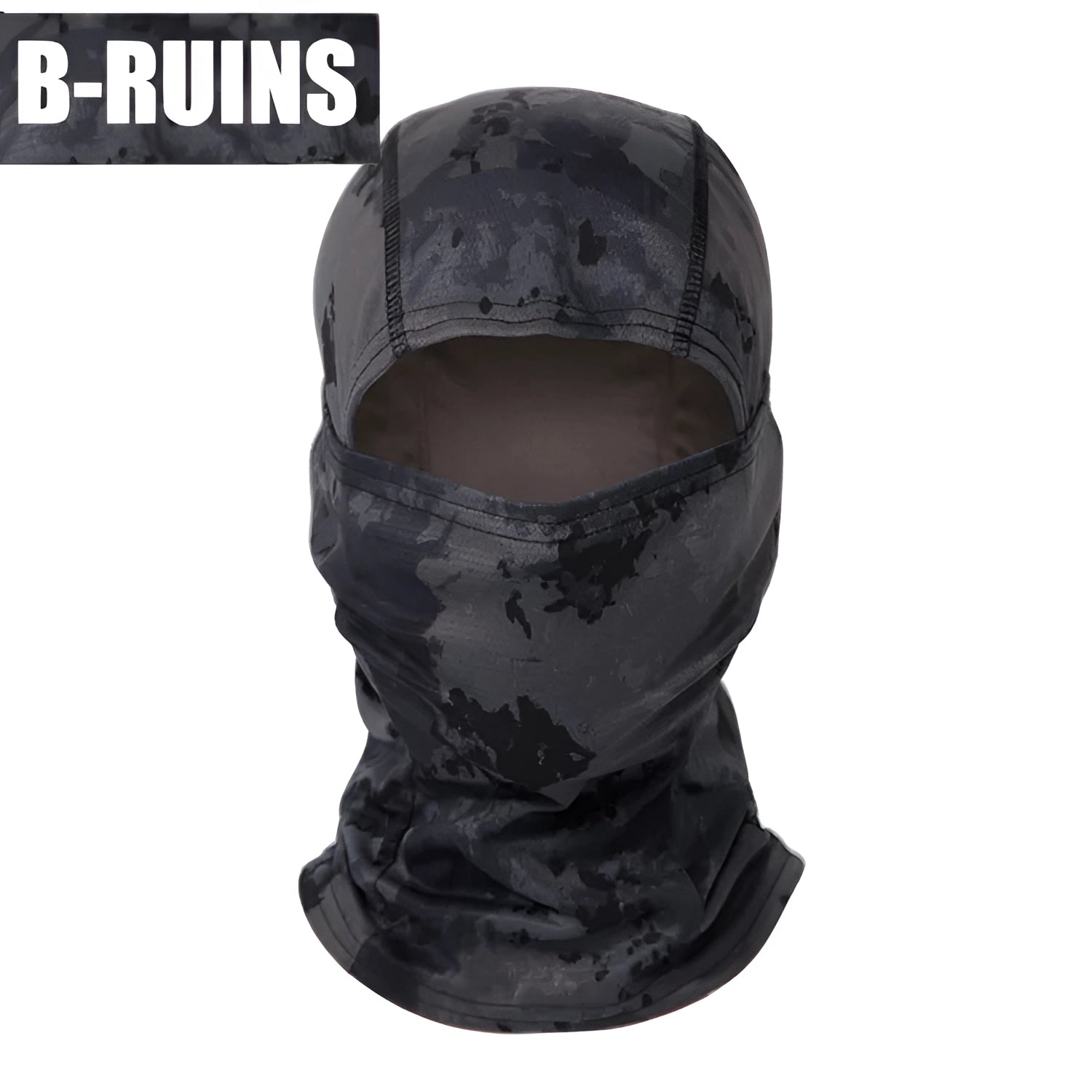 A person wearing a full-face tactical camouflage balaclava in a ruin-themed design, suitable for breathability, windproof protection, and thermal insulation.