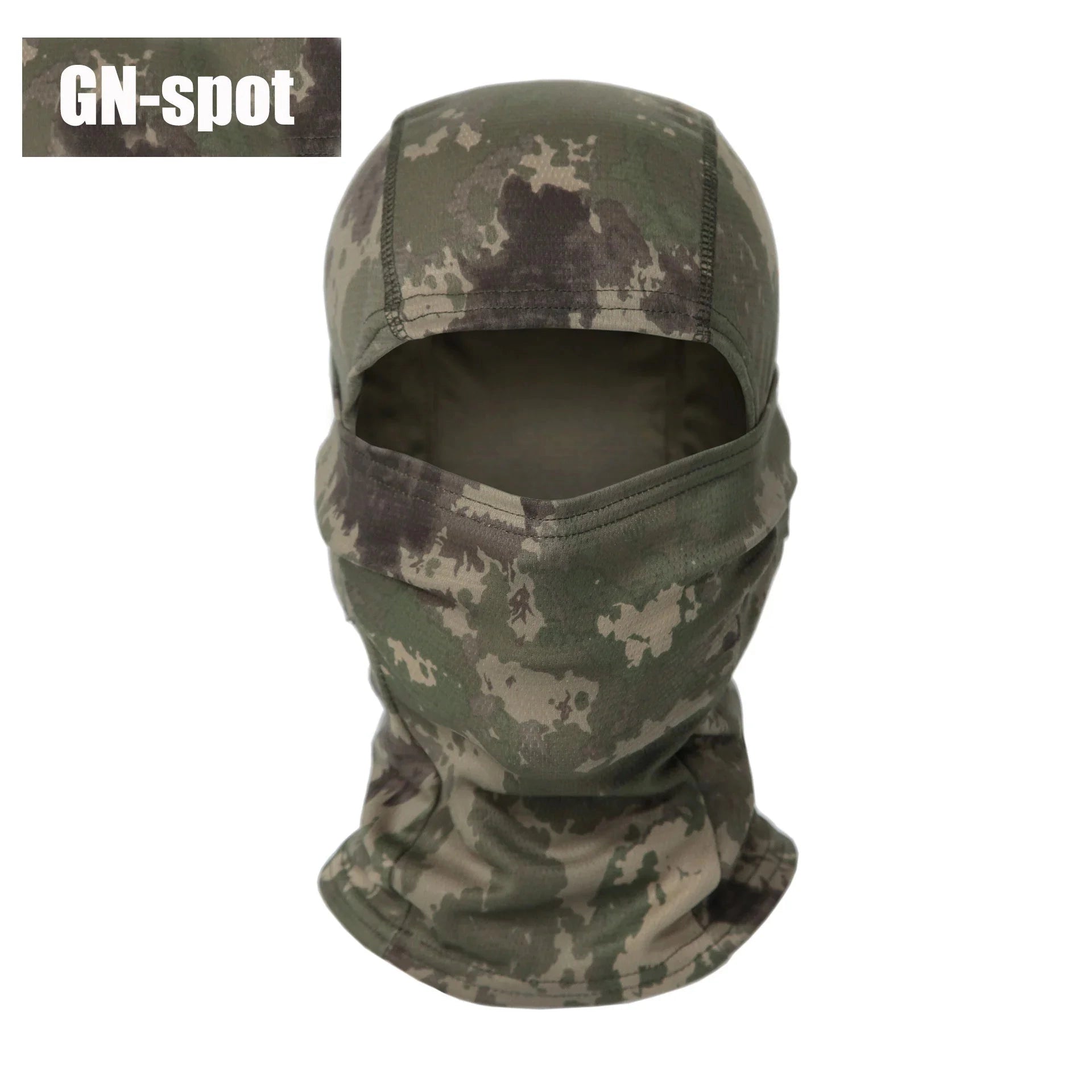 Full-face tactical camouflage balaclava with breathable, windproof, and thermal features; designed with GN Spot variant; displayed on a mannequin head, showing military camouflage pattern and covering head, neck, and shoulders.