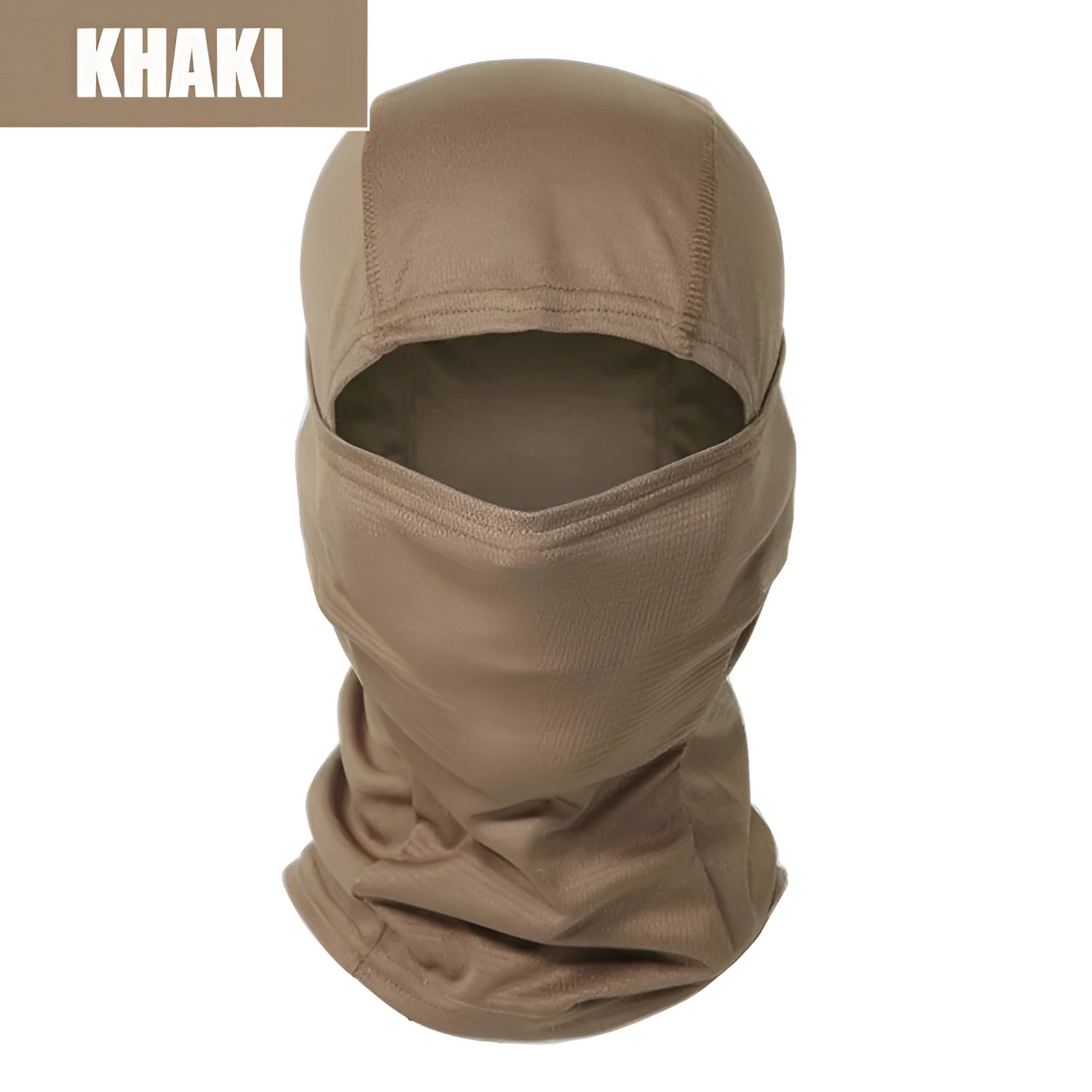 Full-face tactical camouflage balaclava in khaki color, designed to be breathable, windproof, and thermal, worn by a person.