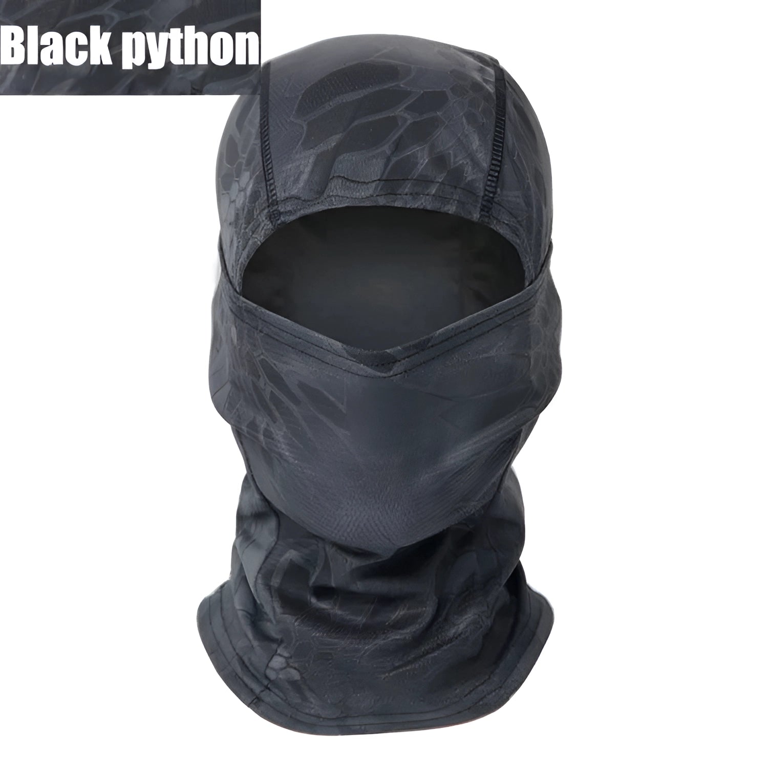 A person wearing a black python-patterned full-face tactical camouflage balaclava, designed to be breathable, windproof, and thermal, suitable for various outdoor activities and personal protection.